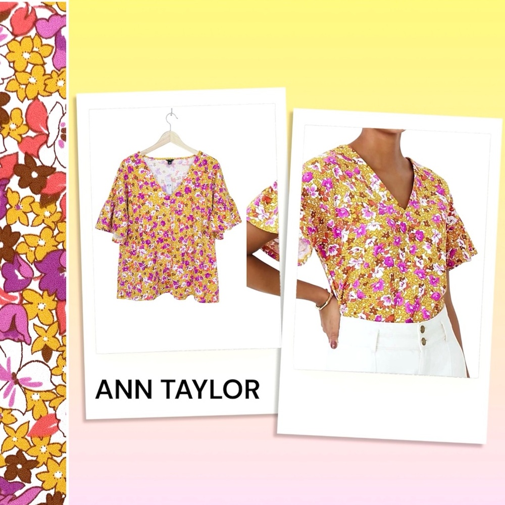 ANN TAYLOR Crepe Floral Blouse Ruffle Sleeve Drop Shoulder V-Neck Pullov…